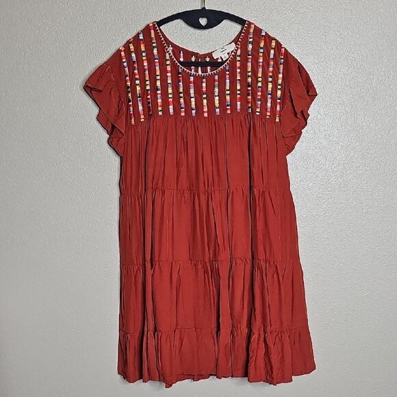 Entro Rust Red Tiered Dress with Colorful Rainbow Embroidered Stripes Small - Picture 2 of 9